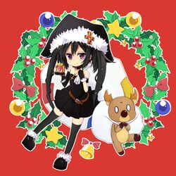  amano_(els573) black_hair black_legwear christmas cross fingerless_gloves gift gloves hat highres long_hair looking_at_viewer note-chan original purple_eyes red_background reindeer simple_background skirt smile solo thighhighs twintails very_long_hair violet_eyes 