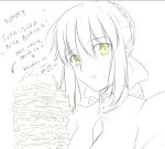  :t bacon braid eating english fate/stay_night fate_(series) food french_braid gothic_lolita hair_ribbon hamburger ladymarta lolita_fashion monochrome partially_colored payot ribbon saber saber_alter short_hair solo yellow_eyes 