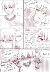  1girl anger_vein chibi comic english fate/stay_night fate_(series) gilgamesh jewelry ladymarta monochrome necklace partially_colored red_eyes rejection saber saber_alter sparkle yellow_eyes 