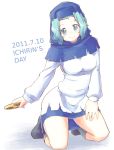  2011 blue_eyes blue_hair breasts dated holding kneeling kumoi_ichirin long_sleeves looking_at_viewer naka_akira shadow shoes simple_background smile solo touhou white_background 