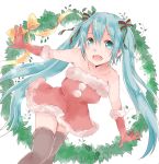  aqua_hair dress elbow_gloves gloves hair_ribbon hatsune_miku long_hair open_mouth ribbon santa_costume solo thigh-highs thighhighs twintails very_long_hair vocaloid xxxx_saki 