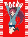  amano_(els573) arms_up casual cutoffs denim denim_shorts hoodie long_hair mahou_shoujo_madoka_magica navel open_mouth pocky ponytail red_eyes red_hair redhead sakura_kyouko shorts solo 