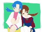  bike_shorts blue_hair brown_hair closed_eyes crystal_(pokemon) dual_persona eyes_closed kotone_(pokemon) mmm73 multiple_girls pokemon pokemon_(game) pokemon_gsc pokemon_hgss sitting smile thigh-highs thighhighs twintails 