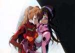  bandages blue_eyes blush breast_press breasts brown_hair evangelion:_3.0_you_can_(not)_redo eyepatch glasses grin hairband hand_holding highres holding_hands interlocked_fingers long_hair makinami_mari_illustrious multiple_girls neon_genesis_evangelion patch plugsuit rebuild_of_evangelion red-framed_glasses shiika_sadamasa shikinami_asuka_langley smile soryu_asuka_langley souryuu_asuka_langley yuri 