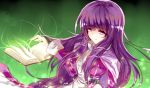  alternate_costume book capelet dqn_(dqnww) dress green_background highres long_hair no_hat no_headwear patchouli_knowledge purple_eyes purple_hair smile solo touhou violet_eyes 