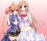  animal_ears asuna_(sao) asuna_(sao-alo) asymmetrical_docking breast_press breasts brown_eyes brown_hair cat_ears dress hinapo large_breasts miniskirt multiple_girls navel pleated_skirt pointy_ears red_eyes short_hair short_twintails silica silica_(sao-alo) skirt sword_art_online tail thigh-highs thighhighs titania_(sao) twintails zettai_ryouiki 
