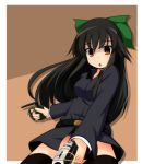  alternate_costume black_hair black_legwear bow explosive grenade gun hair_bow long_hair pistol reiuji_utsuho solo taiyou89 thigh-highs thighhighs touhou weapon yellow_eyes 