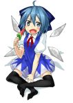  black_legwear blue_eyes blue_hair blush bow cirno dress fang hachi105 hair_bow ice ice_wings open_mouth short_hair short_sleeves sitting solo thigh-highs thighhighs touhou watermelon_popsicle wings 