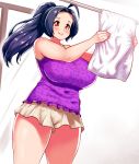  breasts clothesline curvy from_below huge_breasts idolmaster laundry miura_azusa plump ponytail purple_hair red_eyes smile wide_hips yokkora 