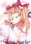 blonde_hair bow bust character_name face flandre_scarlet grin hand_on_own_face hat hat_bow highres long_hair looking_at_viewer looking_down red_eyes side_ponytail smile solo touhou uu_uu_zan 