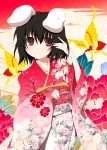  alternate_costume animal_ears black_hair bunny_ears butterfly floral_print inaba_tewi japanese_clothes kimono kujiran looking_at_viewer rabbit_ears red_eyes short_hair smile solo touhou 
