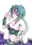  :d basilisk_(falkyrie_no_monshou) blush breasts character_request falkyrie_no_monshou fang gem green_hair looking_at_viewer nail_polish navel open_mouth red_eyes short_hair simple_background smile snake solo soukuu_kizuna watermark white_background 
