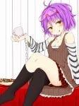  :q bare_shoulders chain chains collarbone crossed_legs cup glasses_on_head kneehighs legs_crossed looking_at_viewer original plaid plaid_skirt purple_hair ratsuku_kinoko shackle short_hair sitting skirt solo striped tongue yellow_eyes 