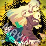  blonde_hair bow bunny button_eyes circle gloves heart mayu_(vocaloid) momoiro_oji open_mouth striped striped_background vocaloid yellow_eyes 