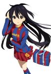  bag black_hair brown_eyes duffel_bag fc_barcelona flat_chest highres k-on! kneehighs kurosaki_samurai long_hair miniskirt nakano_azusa pleated_skirt skirt soccer soccer_uniform solo sportswear striped unicef very_long_hair 