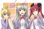  2girls :d :o ahoge androgynous antenna_hair blonde_hair blue_eyes blush bow cthugha_(nyaruko-san) green_eyes haiyore!_nyaruko-san hastur_(nyaruko-san) heart heart_hands heart_hands_duo long_hair looking_at_viewer multiple_girls nyarlathotep_(nyaruko-san) open_mouth red_eyes red_hair redhead school_uniform short_hair silver_hair smile tokumaro translated translation_request twintails 