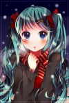  blue_eyes blush bow green_eyes hair_bow hair_ornament hairclip hatsune_miku long_hair looking_at_viewer open_mouth rinndouk scarf snow solo twintails vocaloid 