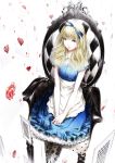  alice_(wonderland) alice_in_wonderland blonde_hair blue_dress blue_eyes card chair dress floral_print from_above hair_ribbon hands_clasped heart highres looking_at_viewer pantyhose playing_card revision ribbon sawasawa sitting smile solo 