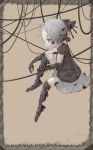  1girl artist_request bow cable full_body grey_hair hair_bow profile prosthesis rust sabitsuki sitting skirt smile solo t-shirt veins wire 