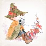 boots brown_eyes brown_hair chanchanko cup drinking full_body hat leaf male moomin sitting snufkin teacup traditional_media watercolor_(medium) 