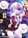  ;d blush candle cross dragon_guild dress fingerless_gloves ghost gloves hair_ribbon halloween holding looking_at_viewer nail_polish open_mouth outstretched_arm purple_eyes purple_hair ribbon ringo_yuyu smile solo star thigh-highs thighhighs torn_thighhighs violet_eyes watermark white_legwear wink 