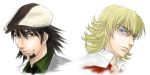  barnaby_brooks_jr blonde_hair blue_eyes brown_eyes brown_hair cabbie_hat facial_hair glasses goatee hat kaburagi_t_kotetsu multiple_boys necktie smile tiger_&amp;_bunny vest white_background yuki_tomo 