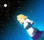  antenna_hair arcueid_brunestud blonde_hair breasts dutch_angle full_moon hair_intakes long_skirt moon night night_sky outstretched_hand pandaga red_eyes short_hair skirt sky solo star_(sky) starry_sky sweater tsukihime 