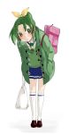  bag blush breath cherico coat green_eyes green_hair hands_in_pockets highres leaning_forward midorikawa_nao open_mouth ponytail precure school_bag short_hair smile_precure! solo sweater_vest 