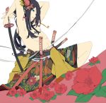  androgynous blue_eyes dutch_angle earrings flat_color flower hair_flower hair_ornament japanese_clothes jewelry katana long_hair male motune mouth_hold original seigaiha solo sword unmoving_pattern weapon white_background work_in_progress 