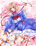  alice_margatroid ankle_ribbon barefoot blonde_hair blue_eyes blush dress hairband japanese_clothes long_hair nanase_nao petals ribbon smile solo touhou wide_sleeves wind 