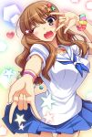  :3 \m/ breasts brown_eyes brown_hair hair_ornament heart idolmaster idolmaster_cinderella_girls long_hair miyashiro_sousuke moroboshi_kirari open_mouth pleated_skirt school_uniform scrunchie skirt smile solo star star_hair_ornament wink 