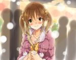  blush breasts brown_eyes brown_hair casual cleavage fur_coat hand_holding heart heart_necklace holding_hands idolmaster idolmaster_cinderella_girls konno_seara pov short_twintails smile snowing solo totoki_airi twintails 