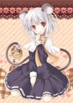 &gt;_&lt; animal_ears basket blonde_hair capelet chibi diagonal_stripes fork hair_ornament hasuga_sea heart holding_fork looking_at_viewer mouse mouse_ears mouse_tail multiple_girls nazrin open_mouth outline prehensile_tail red_eyes short_hair silver_hair skirt tail tail_hold tears toramaru_shou touhou