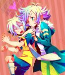  adult blush brothers crossover fubuki_atsuya fubuki_shirou gloom_(expression) green_eyes heart highres inazuma_eleven inazuma_eleven_(series) inazuma_eleven_go komusun male multiple_boys open_mouth orange_eyes raglan_sleeves raimon scarf siblings soccer_uniform sweat time_paradox wink 