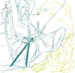  dutch_angle flower japanese_clothes katana long_hair male monochrome motune mouth_hold original sketch solo sword weapon white_background work_in_progress 