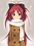  alternate_costume amano_(els573) blush bow coat hair_bow long_hair long_sleeves looking_at_viewer mahou_shoujo_madoka_magica red_eyes red_hair redhead sakura_kyouko scarf smile solo very_long_hair winter_clothes 