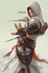  altair_ibn_la-ahad assassin&#039;s_creed assassin's_creed belt blade character_name fingerless_gloves gloves hidden_blade hood knife pouch reverse_grip sash scar serious sheath sheathed signature simple_background solo sword title_drop vambraces virus-ac74 watermark weapon web_address 