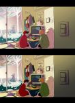  2boys blue_(pokemon) ditto eating espeon food fruit highres jigglypuff kotatsu looking_at_viewer minzky multiple_boys ninetales ookido_green orange pikachu pokemon pokemon_special red_(pokemon) sitting snorlax snowing table winter_clothes 