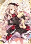  :&gt; black_gloves bloomers blush bow dress elbow_gloves gloves holding long_hair looking_at_viewer mayu_(vocaloid) nardack petals piano_print silver_hair smile solo sparkle standing star stuffed_animal stuffed_bunny stuffed_toy vocaloid yellow_eyes 