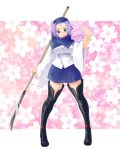  boots bracelet breasts facial_hair full_body highres holding hood hoodie jewelry kumoi_ichirin lavender_hair leather_boots long_sleeves looking_at_viewer mustache naka_akira polearm skirt spear standing thigh-highs thigh_boots thighhighs touhou unzan weapon wide_sleeves wristband 