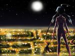  1girl ahoge bodysuit cityscape from_behind full_moon ladybug_(character) long_hair magical_girl marinette_cheng mask miraculous_ladybug moon night night_sky polka_dot pouch sky solo twintails xen_(sei) 