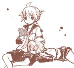  1girl ahoge book holding holding_book kagamine_len kagamine_rin lap_pillow monochrome petting reading short_hair shorts utaori vocaloid 