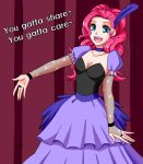  :d apzzang blue_eyes bridal_gauntlets choker dress english feathers fishnets long_hair my_little_pony my_little_pony_friendship_is_magic open_mouth outstretched_hand personification pink_hair pinkie_pie smile solo 