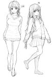  blush collarbone holding homunculus_(artist) leg_up long_hair looking_at_viewer monochrome multiple_girls original sketch skirt smile sweater translated translation_request undercover_brothers white_background 