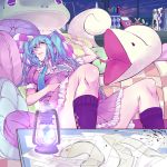  aqua_hair cameo cushion digital_media_player drawing dress green_eyes hatsune_miku highres ipod kagamine_rin kaito kneehighs lantern mezard necktie paintbrush reclining sky snake socks solo star_(sky) starry_sky twintails vocaloid 