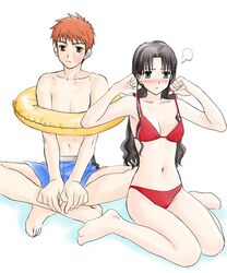  1boy 1girl bikini blush boribeya couple emiya-san_chi_no_kyou_no_gohan emiya_shirou fate/stay_night fate_(series) female_swimwear hair_down innertube lowres male_swimwear mizugi navel shorts slap_mark summer swim_trunks swimsuit tohsaka_rin toosaka_rin tsundere type-moon unlimited_blade_works 