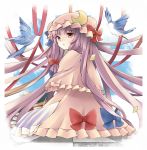  bird bow capelet coat crescent dress hair_ribbon hat long_hair open_clothes open_coat patchouli_knowledge purple_dress purple_eyes purple_hair ribbon richard sitting solo striped striped_dress touhou turning very_long_hair violet_eyes 