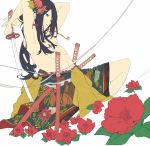  androgynous blue_eyes dutch_angle earrings flat_color flower hair_flower hair_ornament japanese_clothes jewelry katana long_hair male motune mouth_hold original seigaiha solo sword unmoving_pattern weapon white_background work_in_progress 
