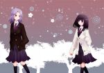  black_hair blazer blue_eyes blush cardigan kajiki_yumi looking_at_another looking_back multiple_girls necktie open_mouth purple_hair red_eyes saki school_uniform short_hair skirt smile snow sweater touyoko_momoko tree 