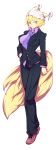  absurdres alternate_costume blonde_hair breasts business_suit formal fox_tail full_body hand_in_pocket hat highres kaminari large_breasts multiple_tails necktie pant_suit pants shoes short_hair simple_background smile solo suit tail touhou white_background yakumo_ran yellow_eyes 